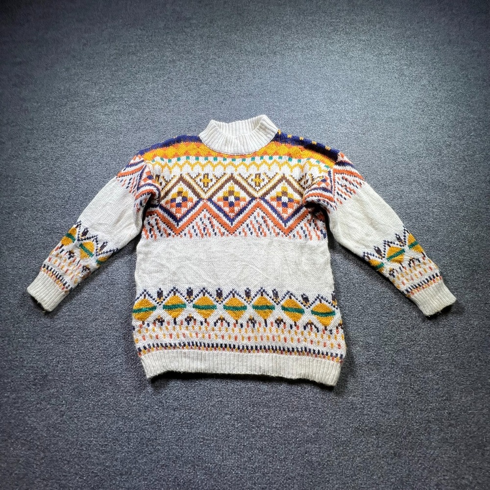 Vintage One Step Up Sweater Womens Small Cream Fair Isle Knit Nordic Tribal 90s
